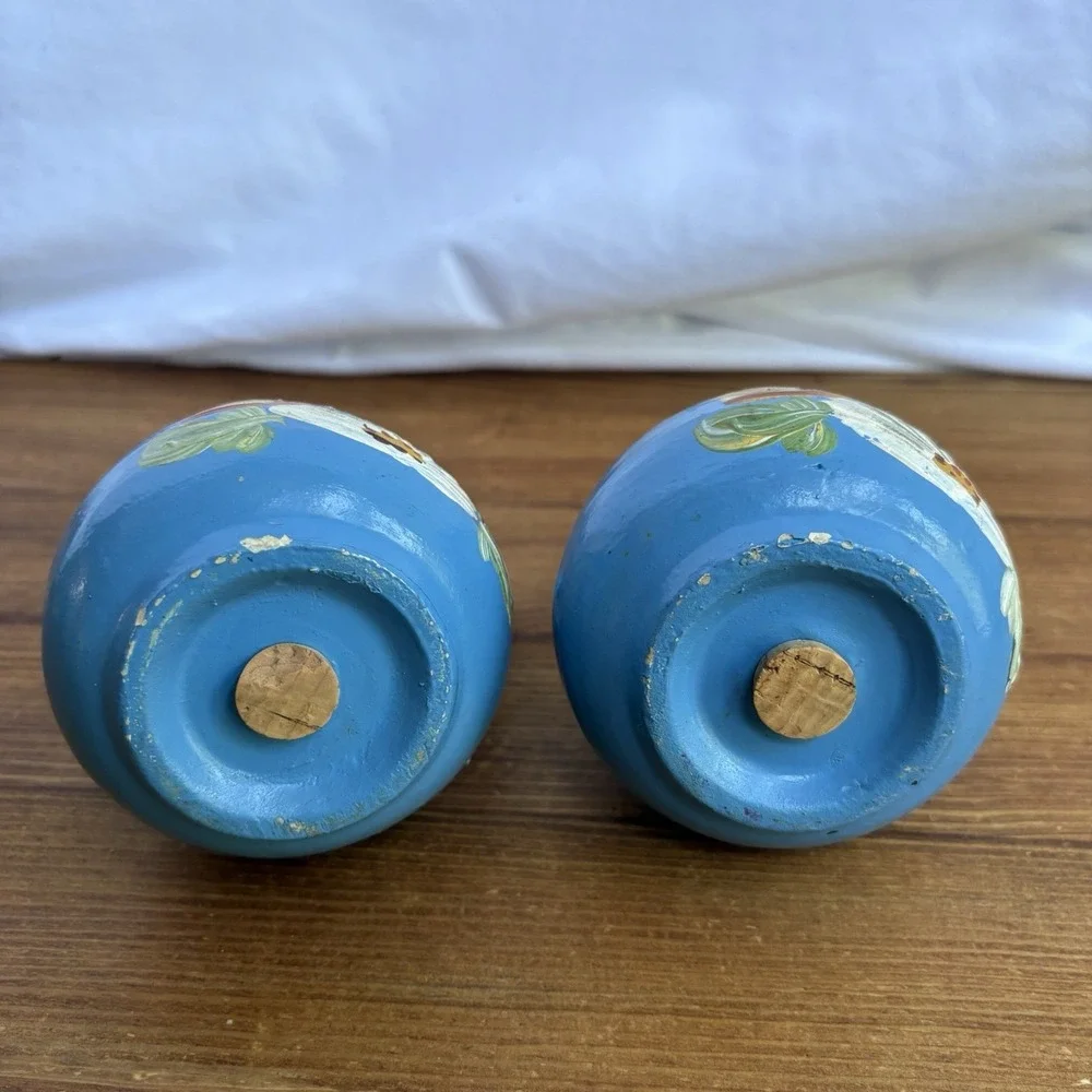 Vintage Ransburg Pottery Blue Floral Hand Painted Salt Pepper Shakers MCM